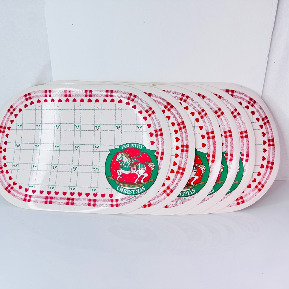 Vintage Set of 6 Vinyl Table Place Mats COUNTRY CHRISTMAS Franco Red Green Horse